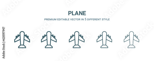 plane icon in 5 different style. Thin  light  regular  bold  black plane icon isolated on white background.