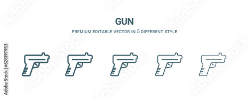 gun icon in 5 different style. Thin, light, regular, bold, black gun icon isolated on white background.