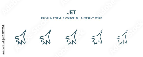 jet icon in 5 different style. Thin, light, regular, bold, black jet icon isolated on white background.