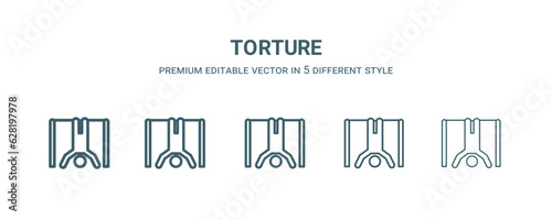 torture icon in 5 different style. Thin, light, regular, bold, black torture icon isolated on white background.