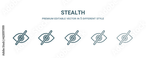 stealth icon in 5 different style. Thin, light, regular, bold, black stealth icon isolated on white background.