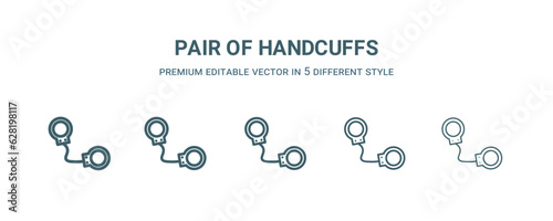 pair of handcuffs icon in 5 different style. Thin, light, regular, bold, black pair of handcuffs icon isolated on white background.