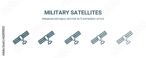 military satellites icon in 5 different style. Thin, light, regular, bold, black military satellites icon isolated on white background.
