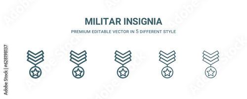 militar insignia icon in 5 different style. Thin, light, regular, bold, black militar insignia icon isolated on white background.