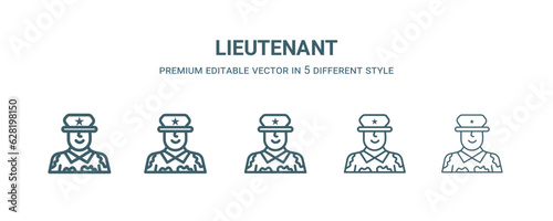 lieutenant icon in 5 different style. Thin, light, regular, bold, black lieutenant icon isolated on white background. photo