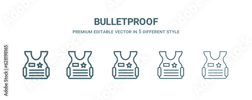 bulletproof icon in 5 different style. Thin, light, regular, bold, black bulletproof icon isolated on white background.