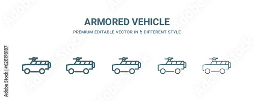 armored vehicle icon in 5 different style. Thin, light, regular, bold, black armored vehicle icon isolated on white background.