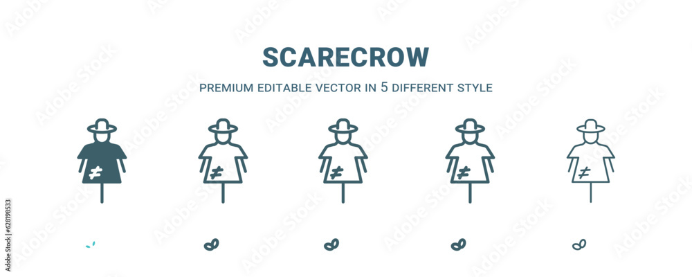 scarecrow icon in 5 different style. Outline, filled, two color, thin scarecrow icon isolated on white background. Editable vector can be used web and mobile