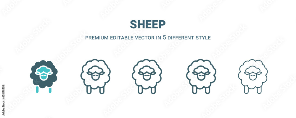 sheep icon in 5 different style. Outline, filled, two color, thin sheep icon isolated on white background. Editable vector can be used web and mobile