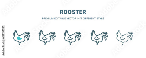 rooster icon in 5 different style. Outline, filled, two color, thin rooster icon isolated on white background. Editable vector can be used web and mobile