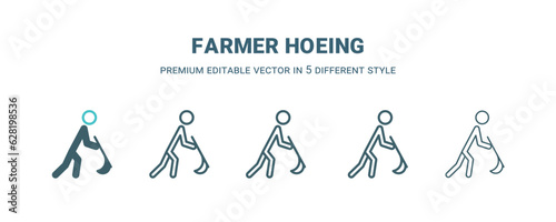 farmer hoeing icon in 5 different style. Outline, filled, two color, thin farmer hoeing icon isolated on white background. Editable vector can be used web and mobile