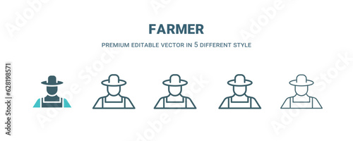 farmer icon in 5 different style. Outline, filled, two color, thin farmer icon isolated on white background. Editable vector can be used web and mobile