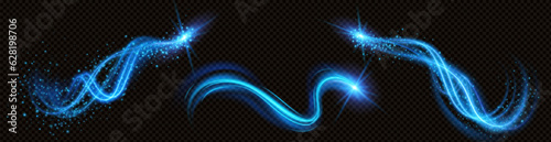 Spiral magic vortex light effect with glow vector. Neon energy swirl flare with glitter particle. Shiny speed motion transparent abstract curve. Futuristic flying luminous power beam with twinkle.
