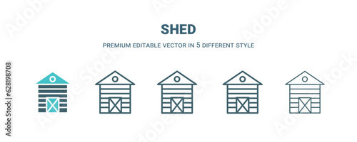 shed icon in 5 different style. Outline, filled, two color, thin shed icon isolated on white background. Editable vector can be used web and mobile
