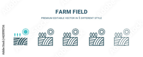 farm field icon in 5 different style. Outline, filled, two color, thin farm field icon isolated on white background. Editable vector can be used web and mobile