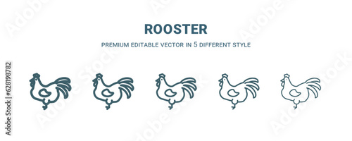 rooster icon in 5 different style. Thin, light, regular, bold, black rooster icon isolated on white background.
