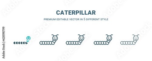 caterpillar icon in 5 different style. Outline, filled, two color, thin caterpillar icon isolated on white background. Editable vector can be used web and mobile