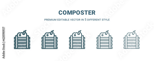composter icon in 5 different style. Thin, light, regular, bold, black composter icon isolated on white background.