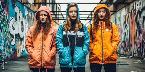 Dynamic symmetry with three stylish twin women in trendy streetwear fashion, offering mirrored poses against an urban graffiti backdrop. Generative AI