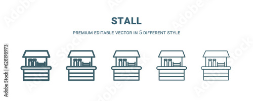 stall icon in 5 different style. Thin, light, regular, bold, black stall icon isolated on white background.