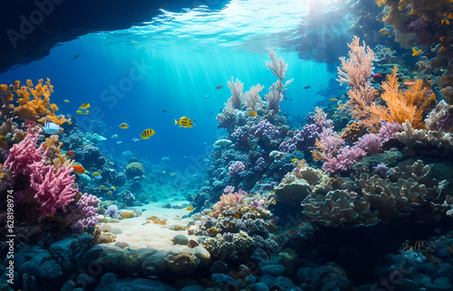 Colorful underwater reef landscape and sea creatures on the blue ocean floor