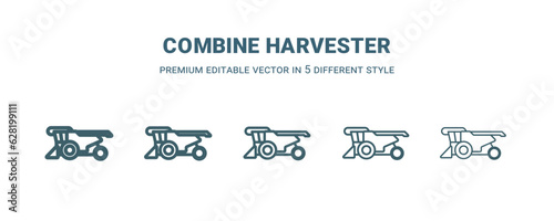 combine harvester icon in 5 different style. Thin, light, regular, bold, black combine harvester icon isolated on white background.