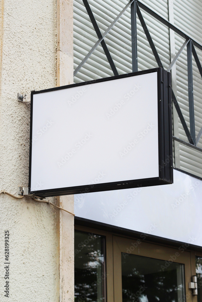 Street storefront shop, cafe, restaurant mounted signboard mock up