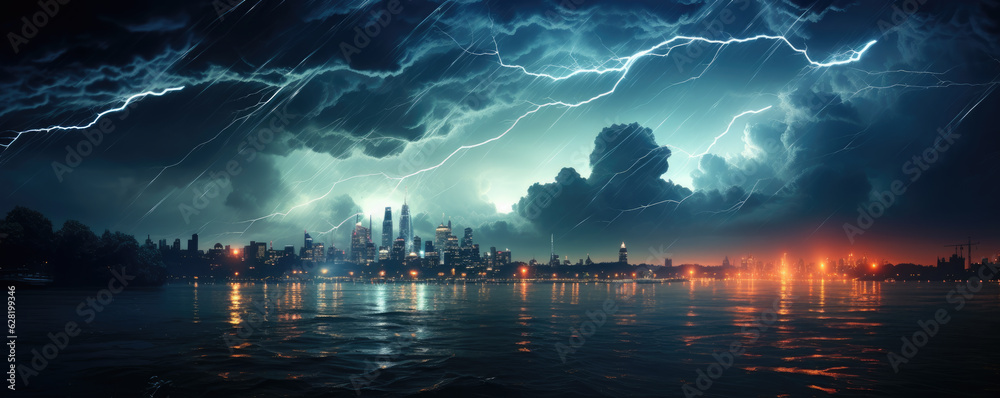 Bright lightning strikes the ground at night. Stormy sky with multiple lightning from the clouds over the sea against the backdrop of the night city. Generative AI