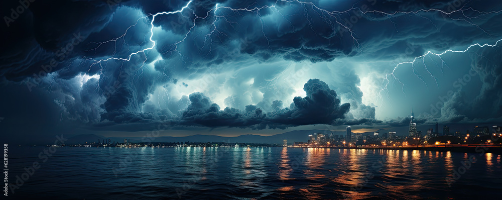 Bright lightning strikes the ground at night. Stormy sky with multiple lightning from the clouds over the sea against the backdrop of the night city. Generative AI