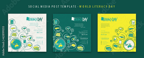 Social media post template with globe and book in ornamental design for international literacy day