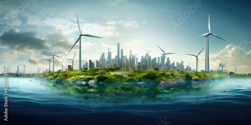 Wind turbines in the sea against the backdrop of a modern city. Earth Day Generative AI