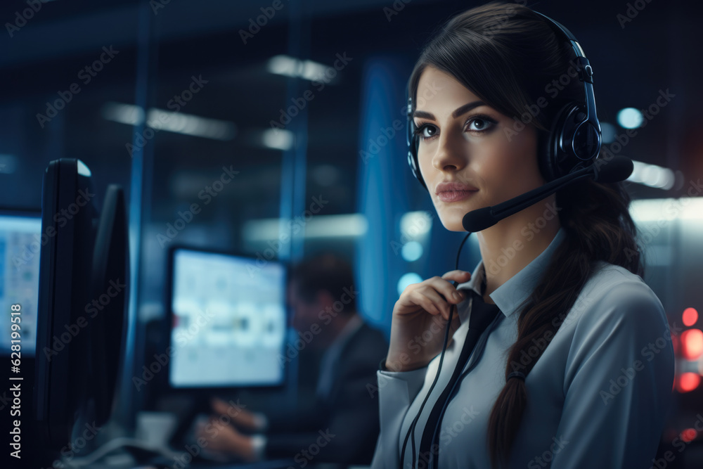 Female customer support agent working at a call center. Generative AI.