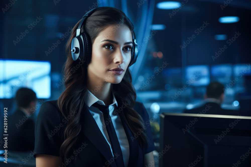 Female customer support agent working at a call center. Generative AI. Female customer support agent working at a call center. Generative AI.