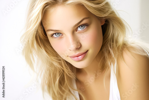 Radiant natural beauty of an 18-year-old blonde on white background. Fresh, pure appearance with blue eyes, dressed in white, exuding soft brilliance. Generative AI