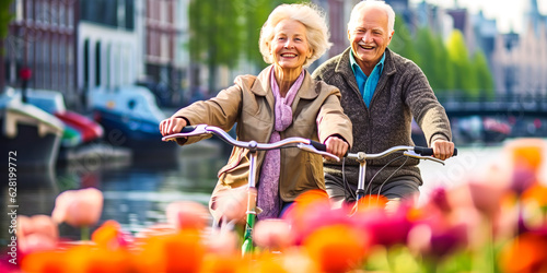 Idyllic scene of active senior couple cycling together along picturesque Amsterdam canals, with vibrant tulips and cityscape softly blurred in background. Generative AI