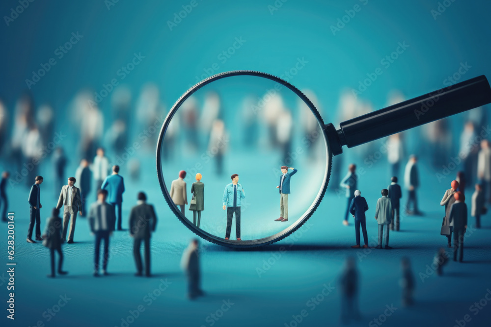 Magnifying glass looking for people on blue background. Searching candidates for employment in the labor market