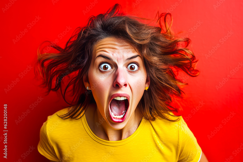 Enthralling image of an expressive young woman, radiating anger and adventure on a vibrant yellow background illuminating her road trip excitement. Ideal for spirited campaigns. Generative AI