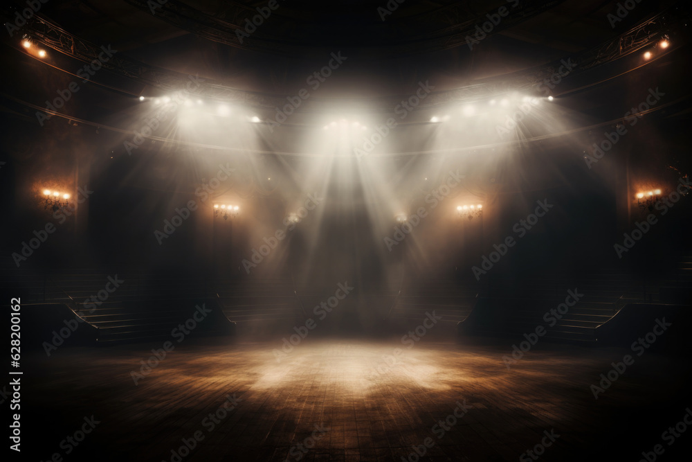 Empty concert stage with illuminated spotlights and smoke. Stage background with copy space