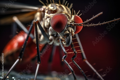 Mosquito on human skin, macro shot. Malarial mosquito that bites person and drinks blood. Spread of malaria and Zika virus