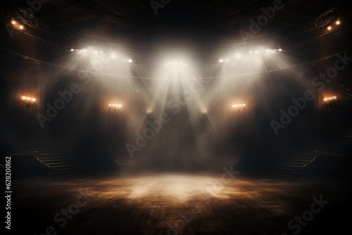 Tela Empty concert stage with illuminated spotlights and smoke