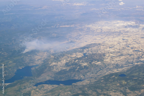 aerial view of california wildfire stanislaus national forest with cherry lake lake eleanor laurel lake groveland tuolumne county 