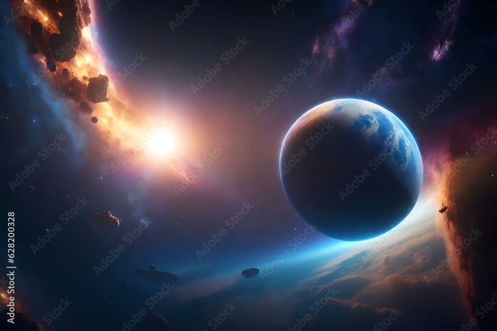 Wallpaper HD of digital art, planet, space, artwork, stars, Earth, space art, circle, atmosphere, universe, satellite, outer space, astronomical object