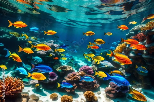 An underwater paradise, vibrant coral reefs teeming with an abundance of marine life