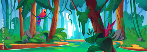 Tropical forest landscape with river and parrot sitting on branch. Vector cartoon illustration of jungle wood with exotic green plants and flowers, liana vines on old trees. Adventure game background