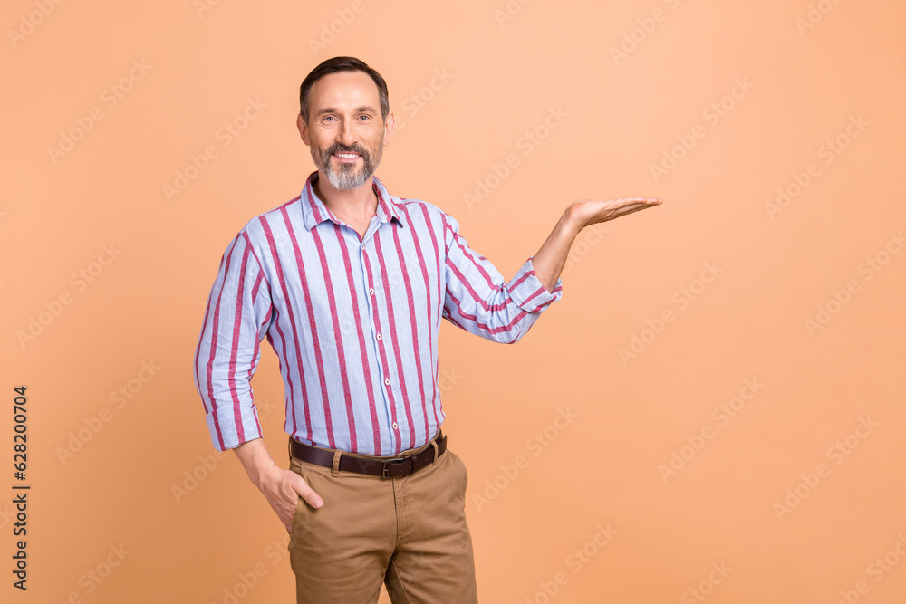 Photo of pleasant good mood nice man gray beard wear striped shirt palm demonstrate empty space promo isolated on beige color background Photo of pleasant good mood nice man gray beard wear striped shirt palm demonstrate empty space promo isolated on beige color background