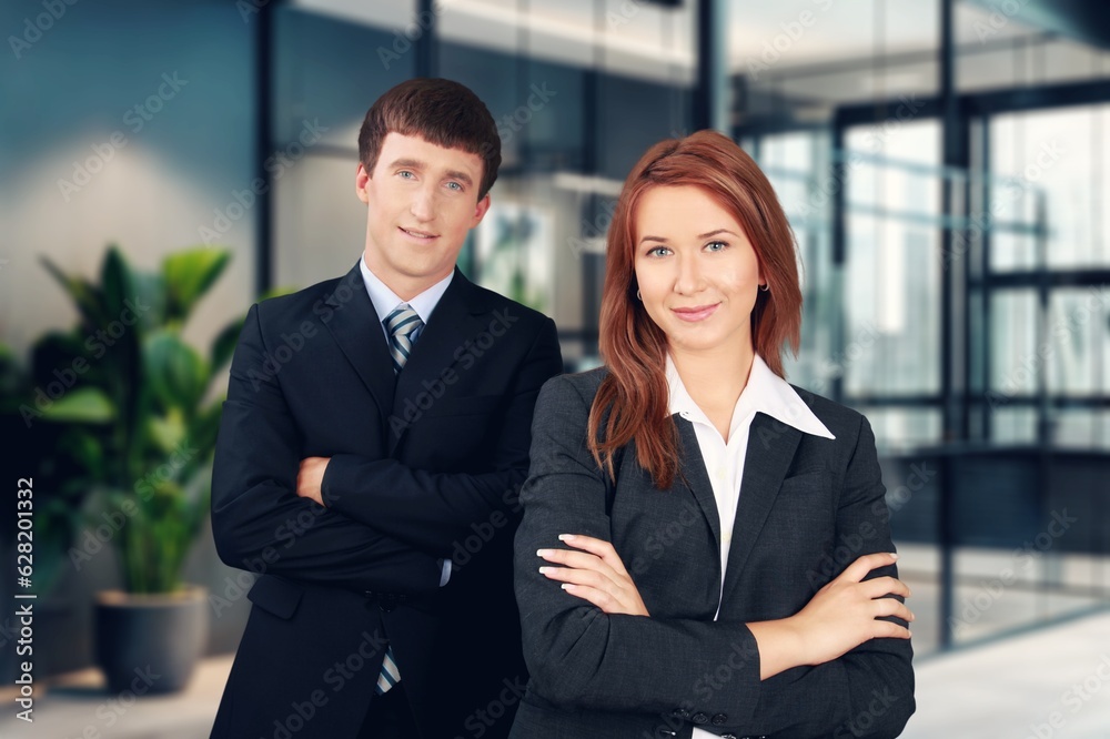 Business partners looking at camera, posing and smiling, AI generated image Business partners looking at camera, posing and smiling, AI generated image