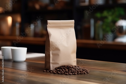brown coffee paper bag packaging mockup with spilled coffee beans on a coffee table - photoshop mockup - psd mockup - marketing - packaging mockup 