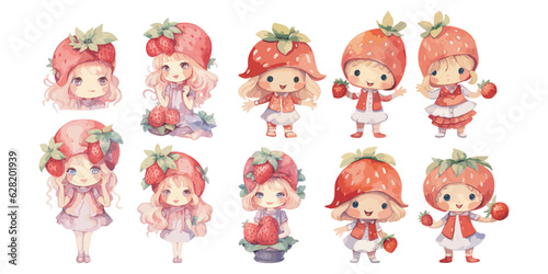 Fényképezés Watercolor strawberry shortcake character clipart for graphic resources