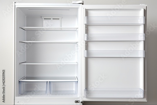 Empty Refrigerator for Weight Loss Diet Concept. Clean and Fresh Open White Fridge with Empty Shelves - Closeup: Generative AI