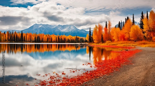 Fall Foliage at Skilak Lake near Cooper Landing on Kenai Peninsula, Alaska. Foliage Turning Orange and Yellow as Autumn Arrives in the United States: Generative AI photo